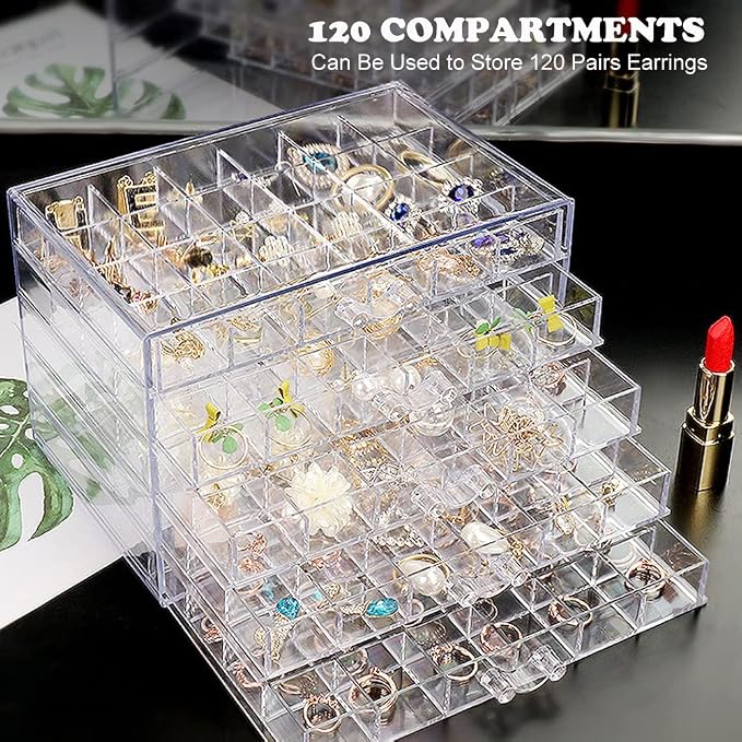 QIYUSHRY Earring Storage Box Acrylic Jewelry Storage Holder Ring Clear Plastic Transparent Jewelry Display Stand with 5 Drawers 120 Small Compartment Tray for Women Girls - Image 4