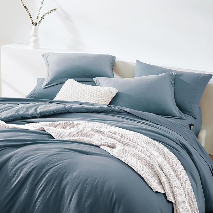 WRENSONGE King Size Comforter Set- 7 Pieces Soft Oxford Blue Bed in a Bag King with Fitted Sheet, Flat Sheet, 2 Pillow Shams, and 2 Pillowcases-Warm King Bedding Set for All Season