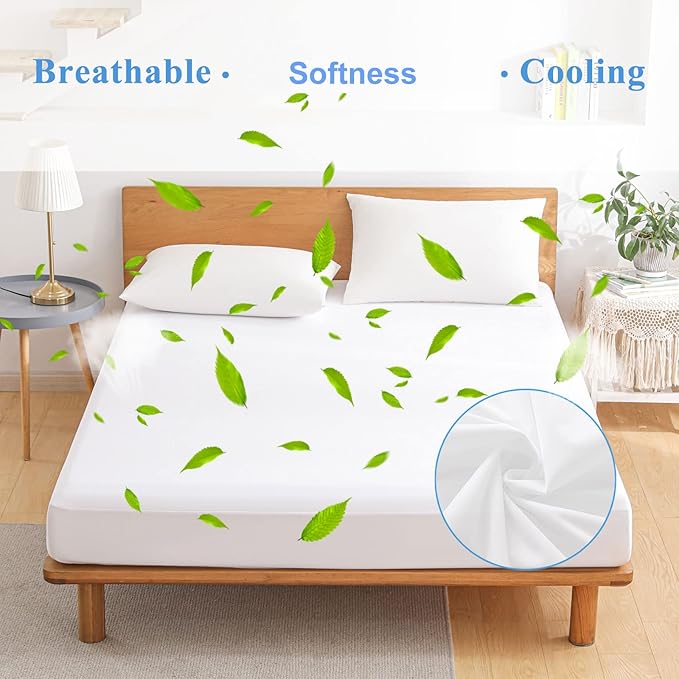King Waterproof Mattress Protector - Noiseless, Breathable, Machine Washable Fitted Mattress Cover with Deep Pocket up to 5”-21”（White）