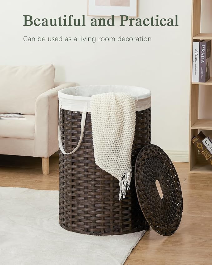 SETVSON Large Laundry Hamper Laundry Basket Round 34.3 Gal (130 L) Handwoven Wicker Laundry Baskets Rattan Laundry Basket with Laundry Bag Handles 2 Mesh Bags for Living Room Bedroom Brown - Image 7