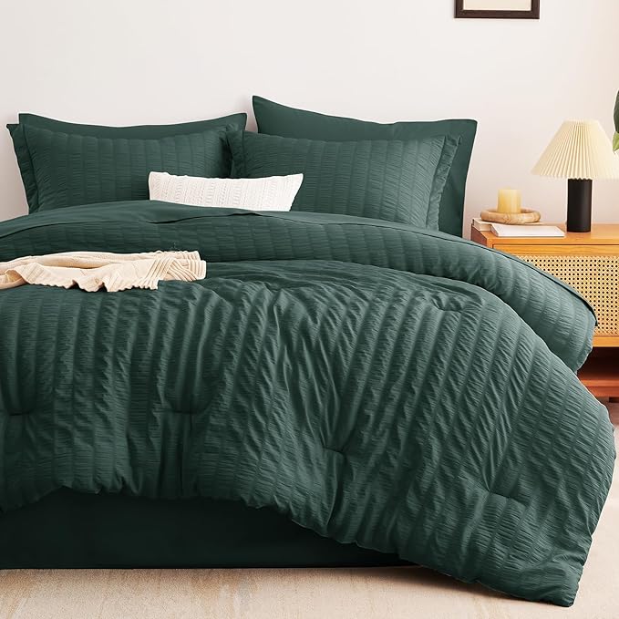 CozyLux King Size Comforter Set Forest Green Seersucker 7 Pieces Bed in a Bag King Comforter Set with Sheets, Luxury Soft Bedding Sets with Down Alternative Comforter, Sheets, Pillowcases & Shams
