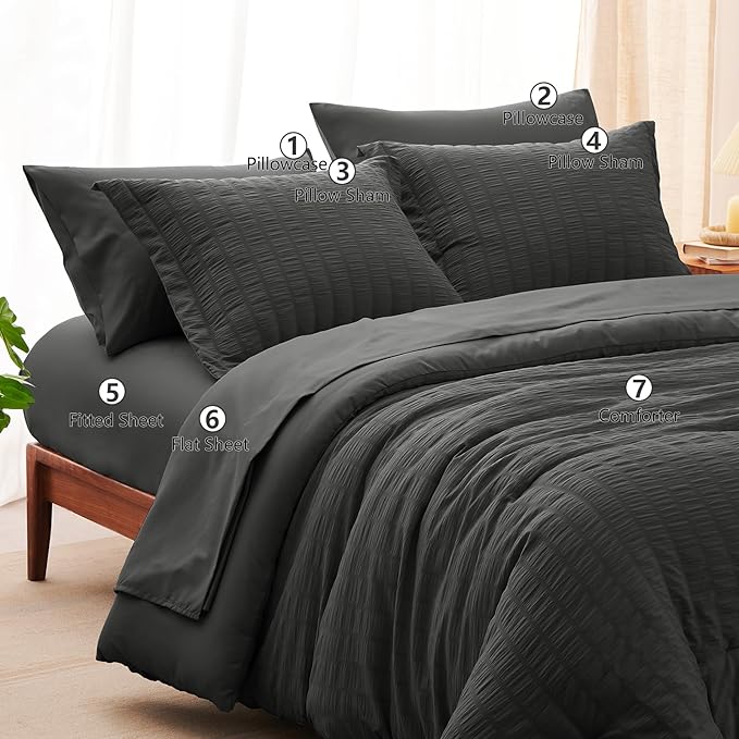 CozyLux Full Size Comforter Sets with Sheets 7 Pieces, Dark Grey Seersucker Bed in a Bag Textured Luxury Soft Dark Gray Bedding Set Down Alternative Comforter, Sheets, Pillowcases & Shams All Seasons