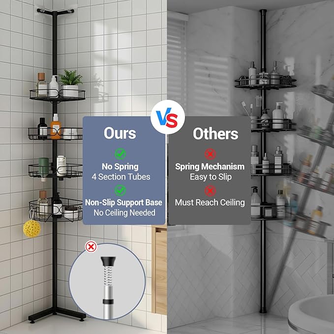 Standing Shower Caddy Corner, 4-Tier Adjustable Height Bathroom Organizer, 6-Section Pole, Sturdy Floor Standing Shelf for Shower or Bathtub – No Drilling, No Spring Tension - Image 2