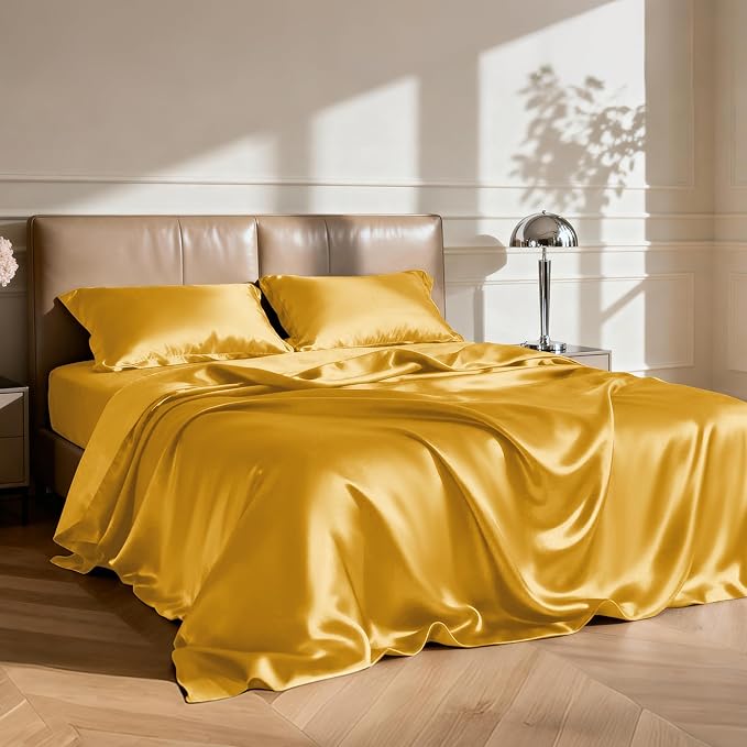 Love's cabin Twin XL Satin Sheet Sets - 3 Piece Gold Silky Bed Sheets with Deep Pockets, Luxury Silk Feel Satin Sheet Set Twin XL (1 Flat Sheet,1 Fitted Sheet,1 Pillow case)