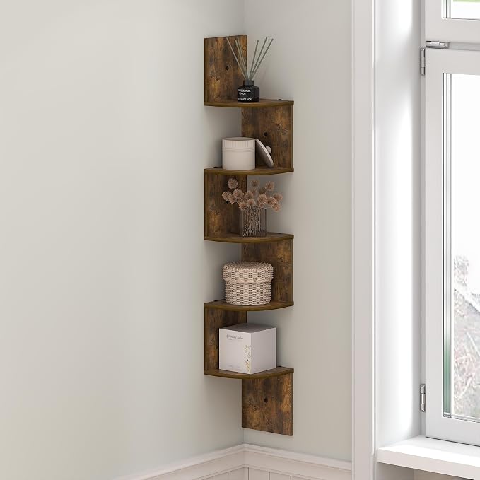 Furinno Rossi Floating Book Shelves for Wall, 5-Tier Zigzag Corner Shelf Wall Mounted, Radial Corner Floating Shelf, for Living Room, Bedroom, Bathroom, Home Office, Amber Pine by Furinno-FitsYourSpaceFitsYourBudget