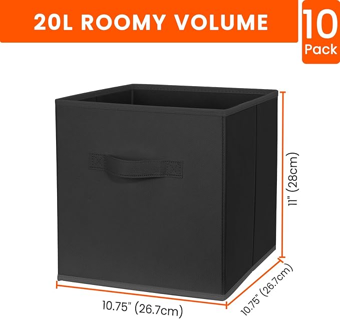 Criusia Storage Cubes, 11 Inch Clothes Storage Bins for Shelves Closet (10 Pack), Fabric Collapsible Storage Bins with Dual Handles, Cubby Storage Baskets Boxes, College Dorm Room Essentials (Black) - Image 2