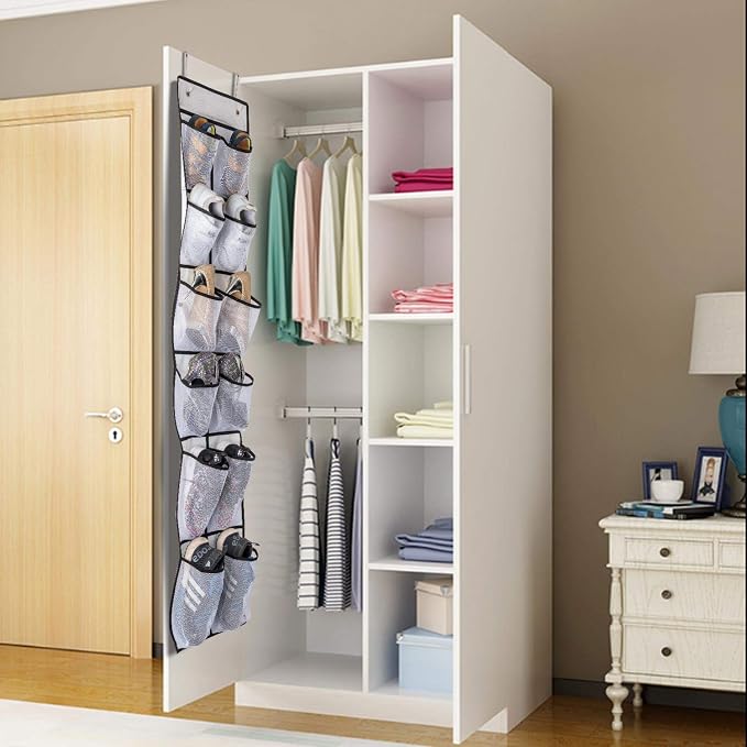 KEEPJOY Over The Door Shoe Organizer 2 Pack,Mesh Pockets Hanging Shoe Rack Over The Door,Shoe Storage Closet with 4 Hooks,Washable and Breathable Fabic,Large Size 57.5×12.6inch(Grey) - Image 6