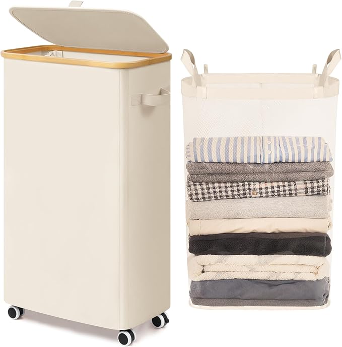 Goodpick Slim Laundry Basket with Wheels and Lid, 75L Narrow Laundry Hamper with Handles Removable Bag, Rolling Clothes Hamper for Dorm Bathroom Bedroom, 17" x 9.8" x 29.5", Beige by Goodpick