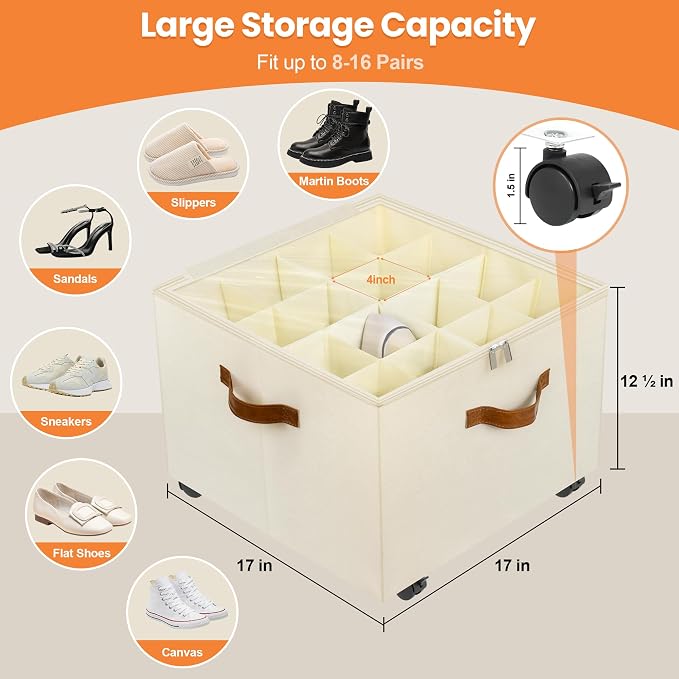 Shoe Organizer for Closet, 2 Pack Shoe Storage Organizer with Wheels and Adjustable Dividers, Stackable Shoe Storage Box with Clear Cover, Foldable Closet Shoe Organizer Fits up to 16-32 Pairs, Beige - Image 2