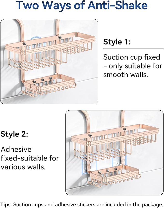 YASONIC Shower Caddy Hanging - Never Rust Shower Organizer - Aluminum over The shower head caddy with 10 Hooks for Razor/Sponge - Shower Rack with Soap Basket - Rose Gold - Image 6