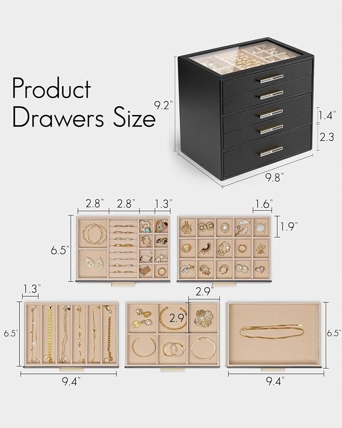 VLANDO 5 Layer Jewelry Box for Women, Glass Lid Jewelry Organizer with 5 Drawers for Necklaces Rings Earrings Bracelets - Black - Image 5