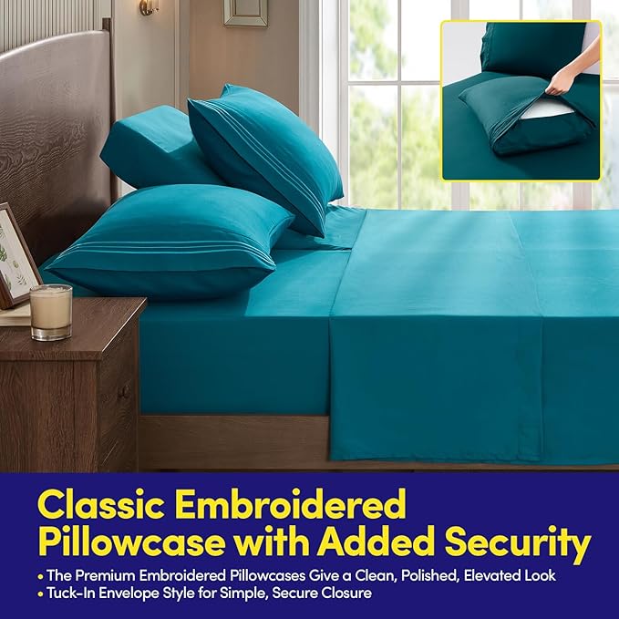 Split Head King Sheets Set for Adjustable Beds 4 Piece Flex Top Bed Sheets – Deep Pocket Split Top Fitted Sheet with Built-in Corner Straps, Luxury Soft Cooling Bedding, Wrinkle Resistant, Teal