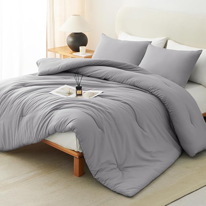 CozyLux Queen Comforter Set Grey, 3 Pieces Solid Comforters Queen Size Breathable Bedding Sets, Gray Luxury Soft Lightweight Bed Set with Down Alternative Comforter and 2 Pillowcases for All Seasons