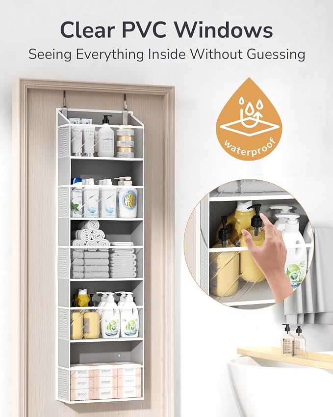 ULG 1-Pack Over Door Organizer with 5 Large Pockets 10 Mesh Side Pockets, 44 lbs Weight Capacity Hanging Storage Organizer with Clear Window for Bedroom Bathroom Kitchen, RV, Camper, Clear Grey - Image 4