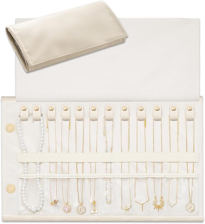 Lolalet Travel Necklace Organizer, Tangle-Free Necklace Case for Travel, Leather Foldable Roll Up Jewelry Storage Bag for Necklaces Chains Bracelets, Mothers Day Gift by Lolalet