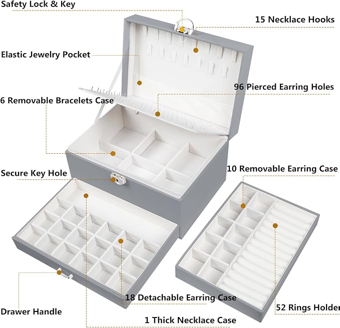 QBestry Earring Jewelry Box for Women Girls Stud Organizers, 5 Layers Grey Jewelry Organizer Box with Lock Necklaces and Earrings Holder Jewelry Box with Earring Organizer for Women Girls Xmas Gifts - Image 7