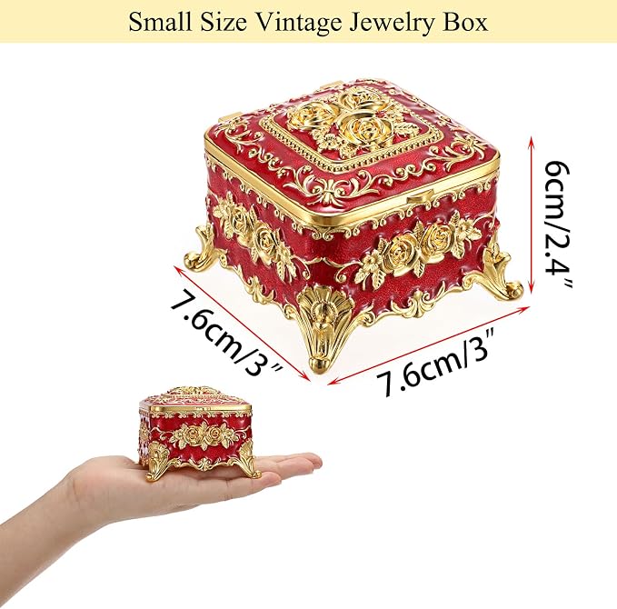 Hipiwe Vintage Metal Jewelry Box - Small Trinket Organizer Ring Box Case with Rose Pattern Jewelry Storage Box for Ring Earrings Necklace, Keepsake Box for Women,Red - Image 5