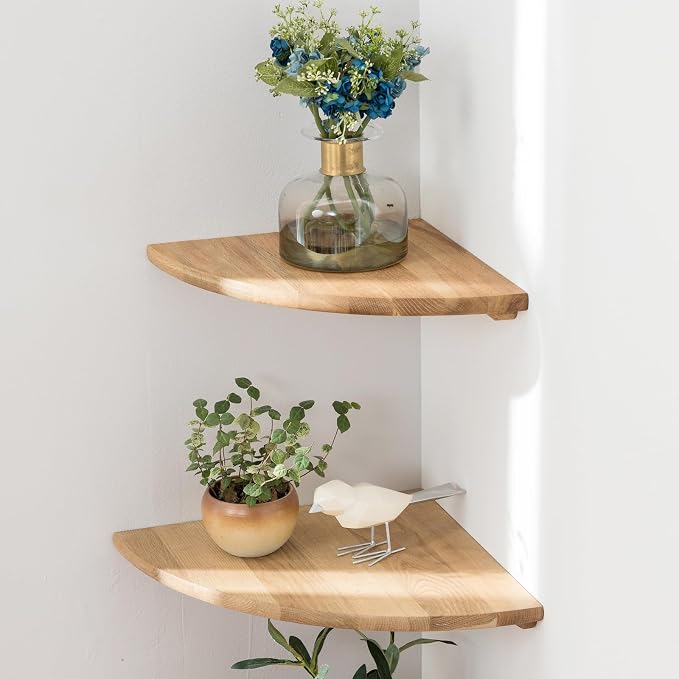 Corner Shelves, Floating Corner Shelf, Set of 2 7inch Solid Oak Wood Wall Shelves, Round End Wall Mount with Wire Hole Shelving for Small Plant for Bedroom Kitchen, Living Room by Coamily