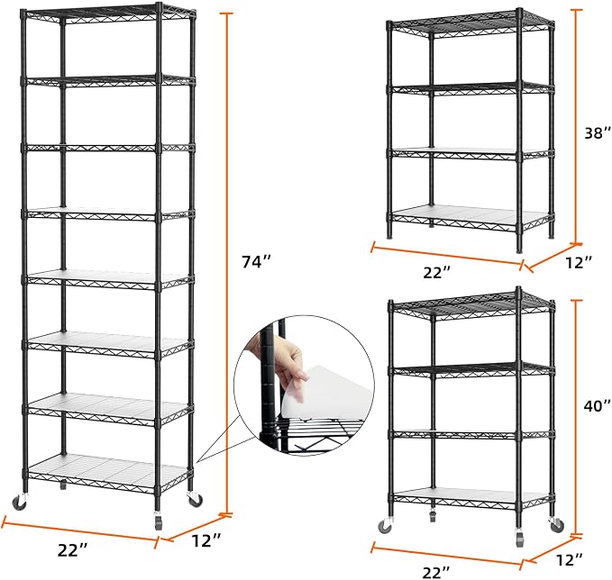 SINGAYE 8 Tier Shelf Organizer Storage Metal Shelves Garage Wire Shelving Unit Pantry Rack Adjustable Standing Storage for Kitchen Closet Laundry Bathroom Pantry 12" D x 22" W x 74" H Black - Image 3