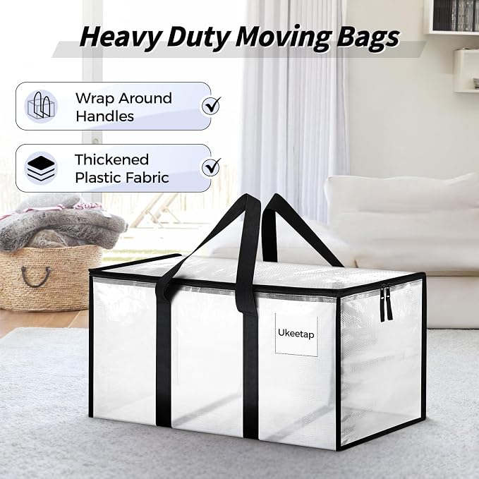 16 Pack Extra Large Heavy Duty Moving Bags, Clear Storage Bins with Lids, Reinforced Handles & Heavy-Duty Zippers Moving Boxes Storage Bags Totes for Clothes Packing, Dorms, College Supplies, Clear - Image 4