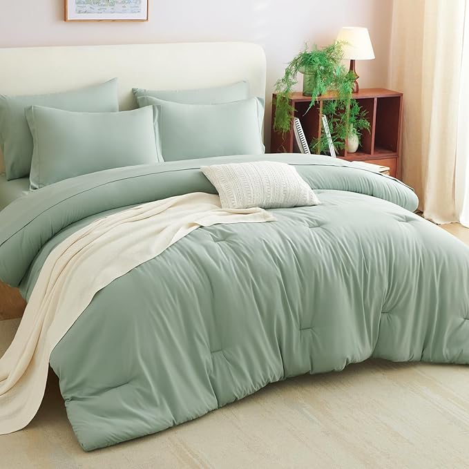 CozyLux California King Comforter Set Sage Green, 7 Pieces Cal King Bed in a Bag Bed Comforter Set with Sheets, Luxury Soft Bedding Sets with Down Alternative Comforter, Sheets, Pillowcases & Shams