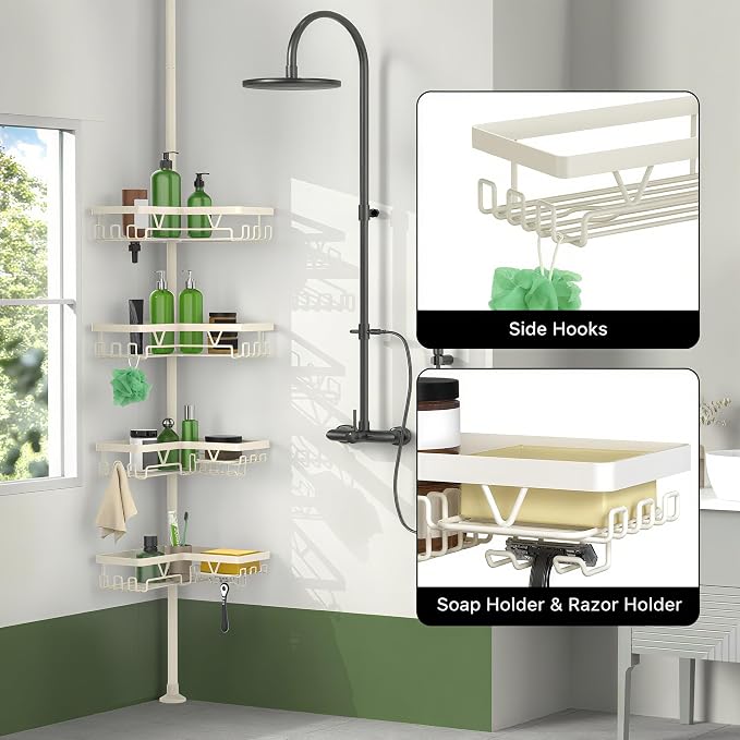 KEGII Shower Corner Caddy Tension Pole, Rustproof Corner Bathroom Organizer, No Drilling Bathtub Shelf for Inside Shower, Waterproof Bathroom Tub Organizer, Fits 25-114.2 Inch Height, Cream White - Image 2