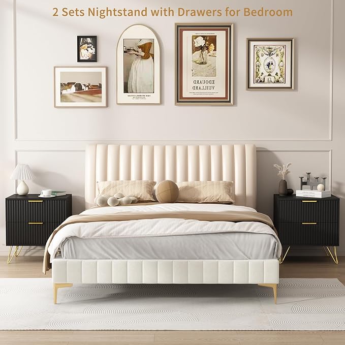 9 Drawer Dresser and Nightstand Sets for Bedroom, 3 Pcs Bedroom Set，Night Stand Set of 2 & 9 Drawer Dresser with Gold Handles, Modern Wood Chest of Drawers Storage Cabinet Set, Black