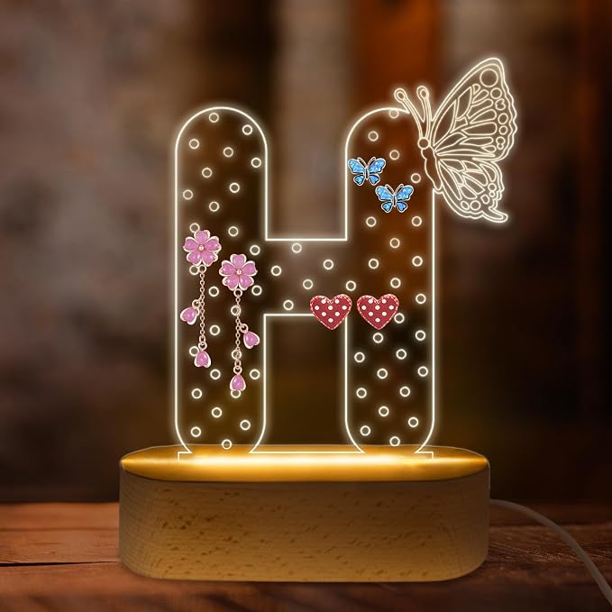 COSHAYSOO Earring Holder Organizer Initial Acrylic with Butterfly Decorations House Warming Gifts New Home Vanity Desk Dressing Table Jewelry Storage, LED Night Light Room Bedroom Decor Letter H by COSHAYSOO