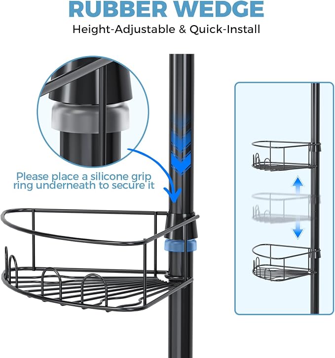 Corner Shower Caddy Tension Pole，4 Tier Adjustable Bathroom Organizer Shelves，Inside Shower Storage With Hidden Hook & Towel Holder,63.7-119 Inch No-Drill Quick Installation Shower Rack,Black - Image 3
