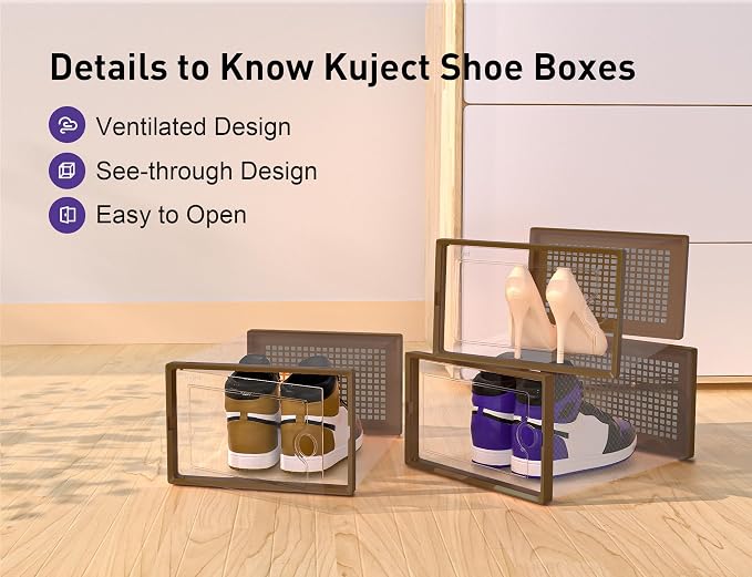 Kuject X-Large Shoe Storage Boxes Organizers for Closet 12 Pack, Fit Size 11,Clear Plastic Stackable Sneaker Containers for Entryway, Space Saving Shoe Rack, Brown - Image 5