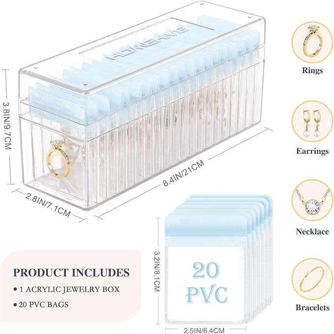 HOMEHIVE Acrylic Jewelry Box Organizer, Clear Jewelry Organizer Holder with 20 Portable Anti Tarnish Jewelry bags, Travel Jewelry Case for Earrings/Rings/Necklaces for Women Girls, Blue - Image 4