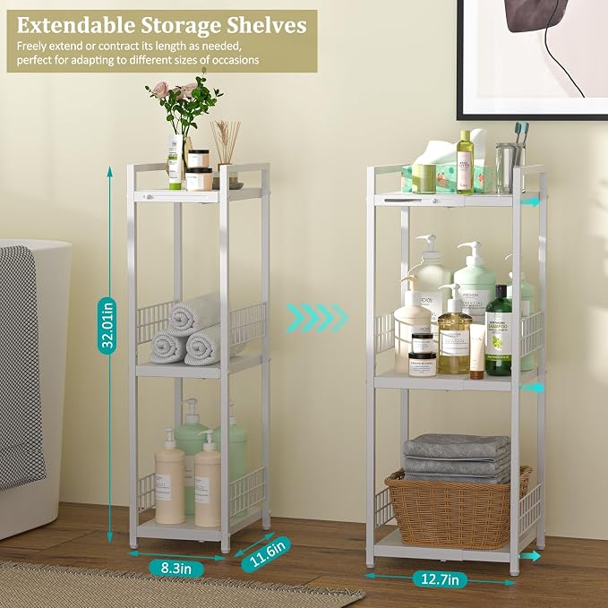DAOUTIME Expandable Slim Storage Shelf, 3 Tier Metal Shelving Unit for Bathroom Storage Organizer, Free-Standing Narrow Shelf, Open Floor Shelves for Small Spaces,Laundry,Bathroom,Kitchen, White - Image 3