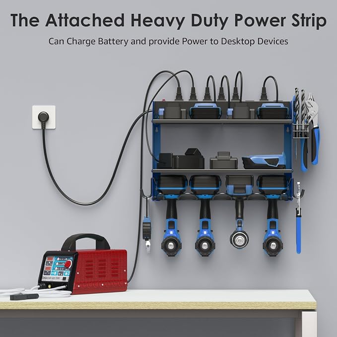 CCCEI Modular Power Tool Organizer Wall Mount with Charging Station. Garage Drill Storage Shelf with Hooks, Heavy Duty Rack, Tool Battery Holder Built in 8 Outlet. Gift for Men. Blue, 1 Pack. - Image 3