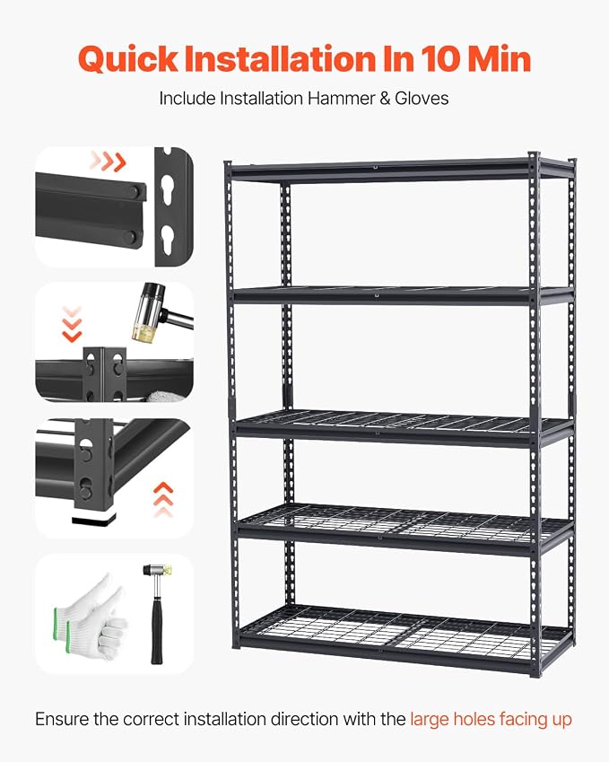 VEVOR Storage Shelves, 3000 lbs, 5 Tier Heavy Duty Garage Shelving, 20" D x 48" W x 72" H Adjustable Metal Shelves for Industrial Shelving Unit Utility Shelf, for Kitchen, Warehouse, Basement, Black - Image 7