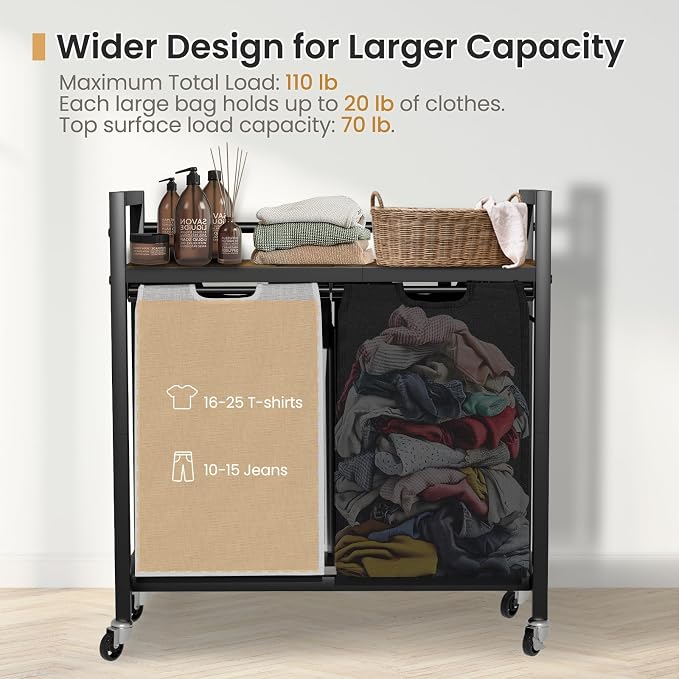 SwaaVee Laundry Hamper, Laundry Basket, Laundry Sorter with 2 Removable Bags, Clothes Basket with 2 Compartments, Wheels, Shelf for Laundry Room Bathroom Bedroom (2 Bags-Black Grey) - Image 3
