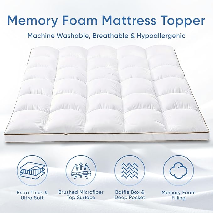 Memory Foam Queen Mattress Topper, Bed Topper with 3 Inch Extra Thick Shredded Foam, 100% Cotton Mattress Pad Cover, Breathable & Skin-Friendly Queen Size Mattress Topper with Anchor Straps