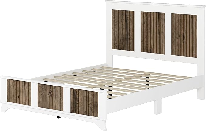 SOFTSEA 4 Piece Queen Size Bedroom Set with Storage, Farmhouse Solid WOD Platform Bed with Wooden Strip Decoration, 4 Piece Bedroom Furniture Set, White