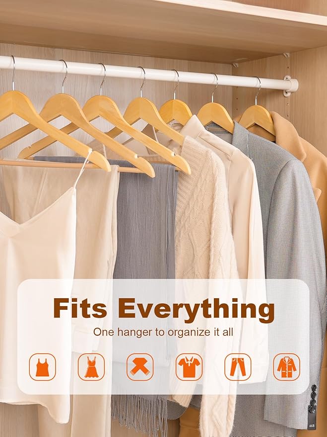 HOUSE DAY Wooden Hangers 20 Pack, Solid Wood Hanger with Non Slip Pant Bar, Heavy Duty Wooden Coat Hanger for Closet, Smooth Finish Wood Clothes Hangers for Shirts, Suits, Jackets, Dresses, Natural - Image 4