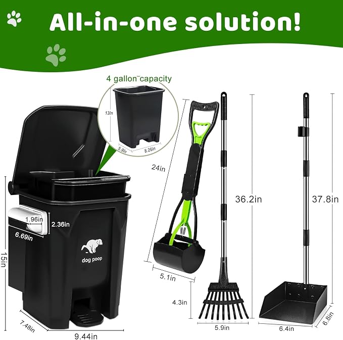 Dog Poop Trash Can Outside with Pooper Scooper and Metal Rake & Tray, 20L/5Gal Dog Waste Trash Can with Lid, Pedal and Removable Inner Waste Bin, Pet Poop Bin with 100 Bags - Image 2