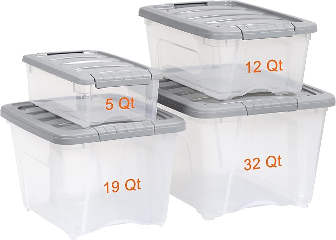 Amazon Basics Plastic Storage Containers with Secure Latching Lids, Stackable Organization Bins for Organizing, Clear/Grey, 12 Quart, Set of 6 - Image 6