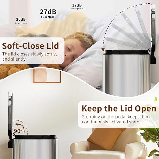 PayLessHere Trash Can with Lid, 13 Gallon (50L) Stainless Steel Kitchen & Office Recycling Bin with Foot Pedal Soft Close & Inner Bucket - Image 4
