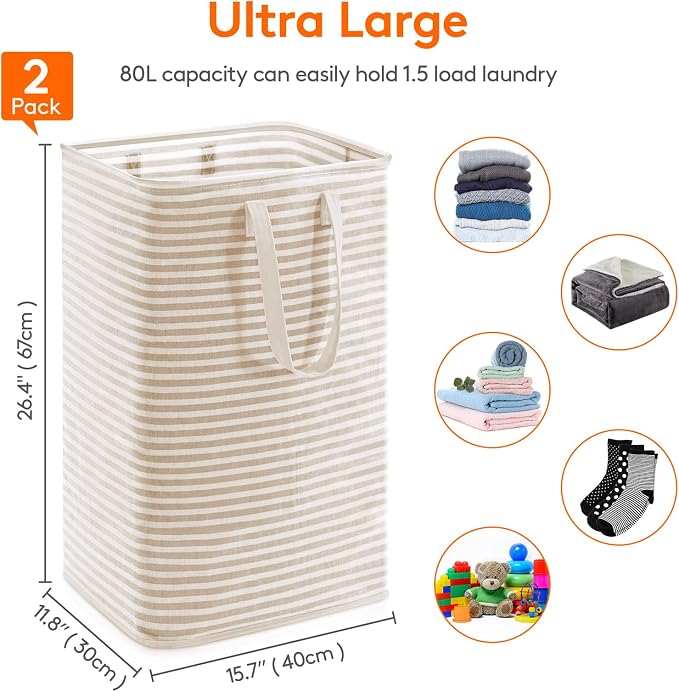 Lifewit 2PcsCesto Ropa Sucia de 80L, Cestos para la Ropa Sucia Grande Plegable e Impermeable con Asas Extensibles, Se Mantiene en Pie y es Fácil de Transportar, para Ropa, Toallas y Juguetes, Beige - Image 3