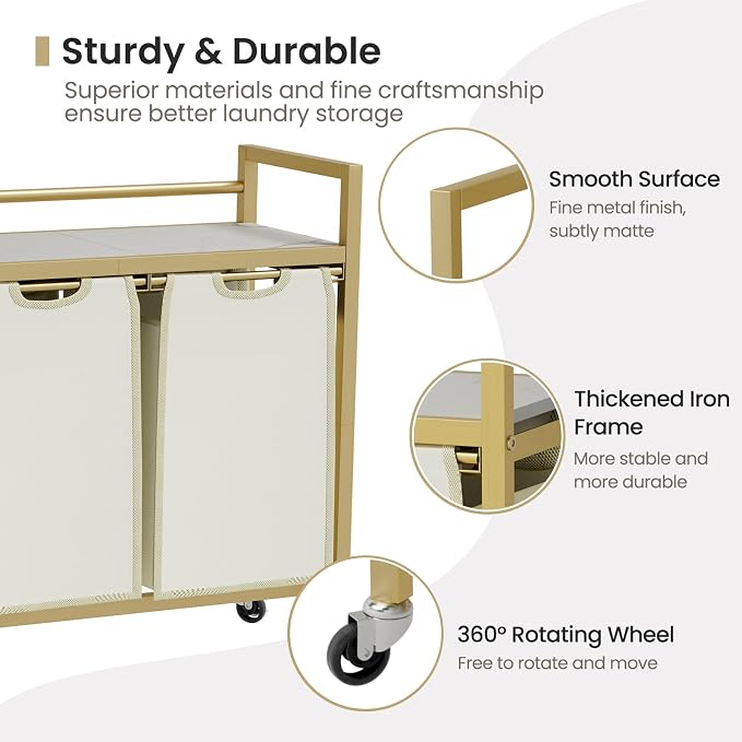 SwaaVee Laundry Hamper, Laundry Basket, Laundry Sorter with 3 Removable Bags, Clothes Basket with 3 Compartments, Wheels, Shelf for Laundry Room Bathroom Bedroom (2 Bags-Golden) - Image 4
