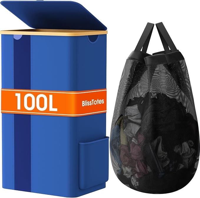 BlissTotes 100L Bamboo Laundry Hamper with Lid, Breathable Mesh Bag & Window, Portable, Moisture Resistant, Blue by BlissTotes