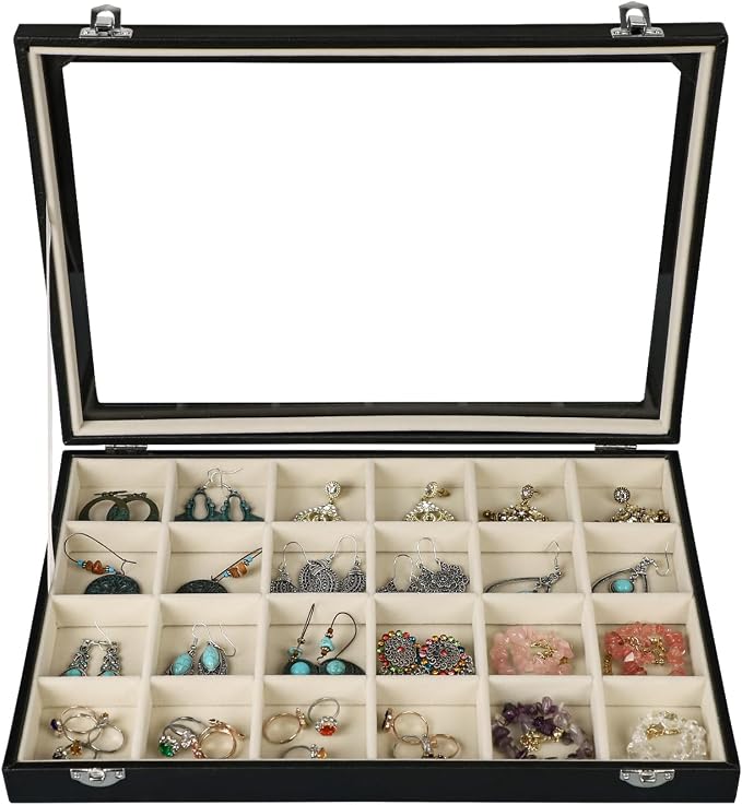 Stratalife Jewelry Tray 24 Grid Earring Organizer with Clear Lid Jewelry Holder Organizer Jewelry Organizer Box Jewelry Storage Crystal Holder For Stones Display (Beige Black) by Stratalife