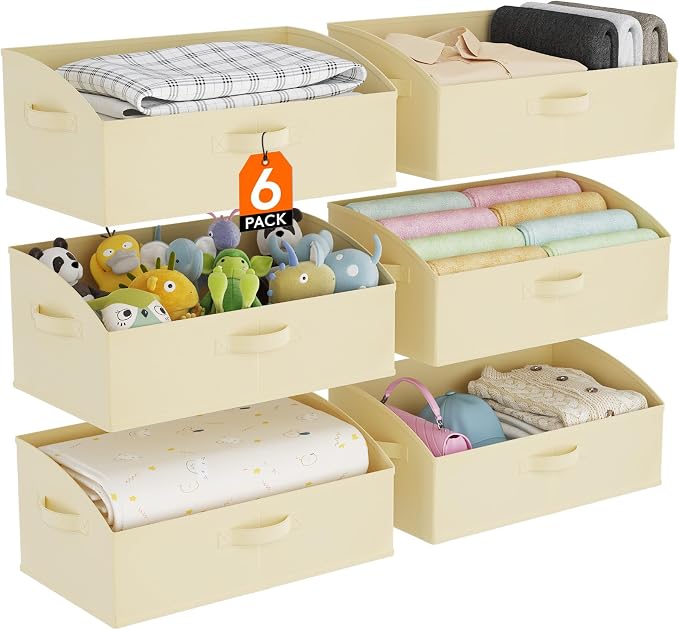 Lifewit Trapezoid Closet Storage Bins for Shelf, 6 Packs Non-woven Closet Organizer Baskets with Handles, Foldable Clothes Containers Boxes for Clothing, Book, Purse, 23L, Extra Large, Beige by Lifewit