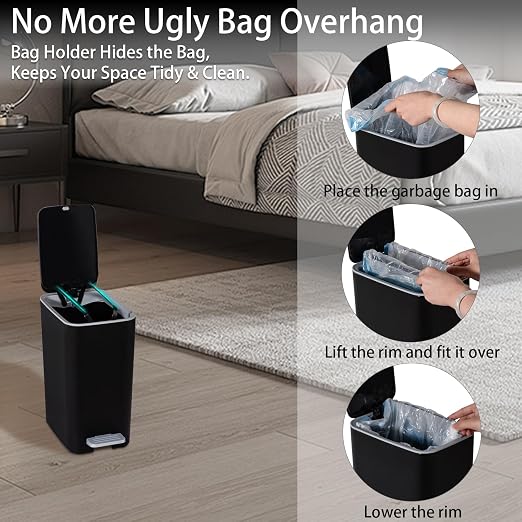 rejomiik Small Bathroom Trash Can with Lid, 2.1 Gallon Step Garbage Can with Handle, Slim Mini Wastebasket Bin for Bedroom, Office, Dorm, Black - Image 5