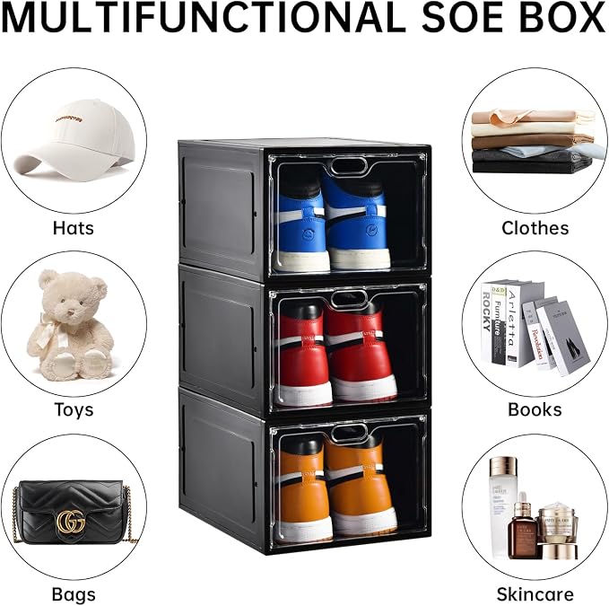 INSTY 12 Pack Large Shoe Storage Box, Clear Shoe Storage Organizer with Magnetic Door, Stackable,Shoe Containers For Display Sneakers, Easy Assembly, Fit up to US Size 12, Black - Image 4
