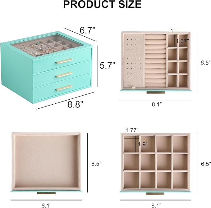 Frebeauty Clear Lid Jewelry Box,3-Layer Jewelry Organizer with Drawer,PU Leather Jewelry Organizers and Storage,Jewelry Boxes for Women,Jewelry Storage for Rings Earring Stud,Gift for Women(Turquoise) - Image 3