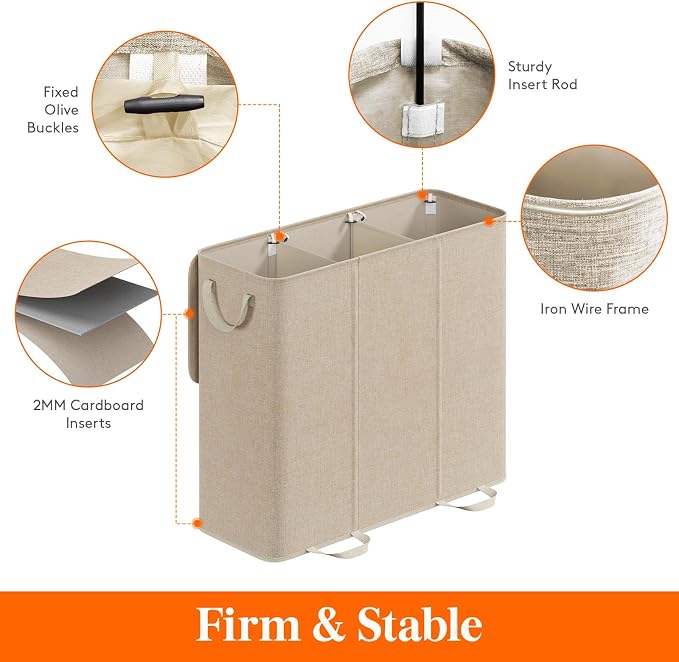 Lifewit Triple Laundry Hamper with Lid and Removable Laundry Bags, Large Collapsible 3 Dividers Dirty Clothes Basket with Handles for Bedroom Laundry Room Closet Bathroom College, 185L Beige - Image 3